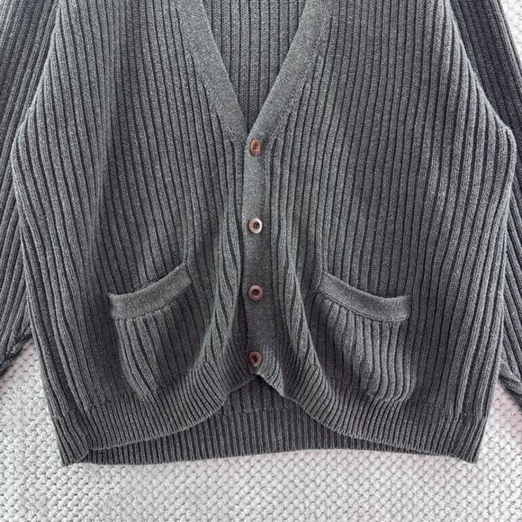 Gulf Traders Grandpa Cardigan Sweater Mens XL Gray Rib Knit Ramie Cotton V-Neck - Picture 4 of 10
